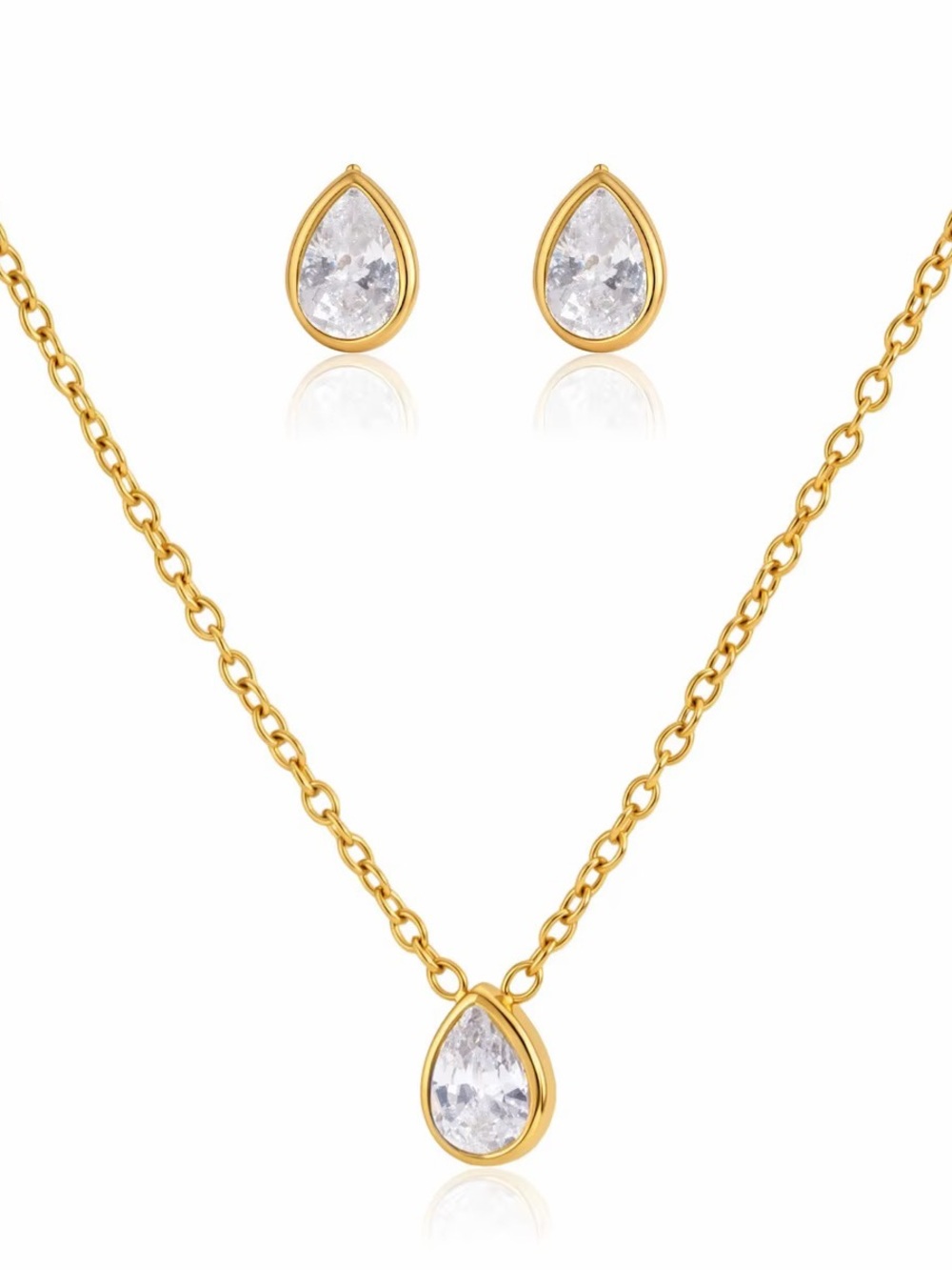 18K Gold Plated Teardrop Cubic Zirconia Necklace & Earring Set